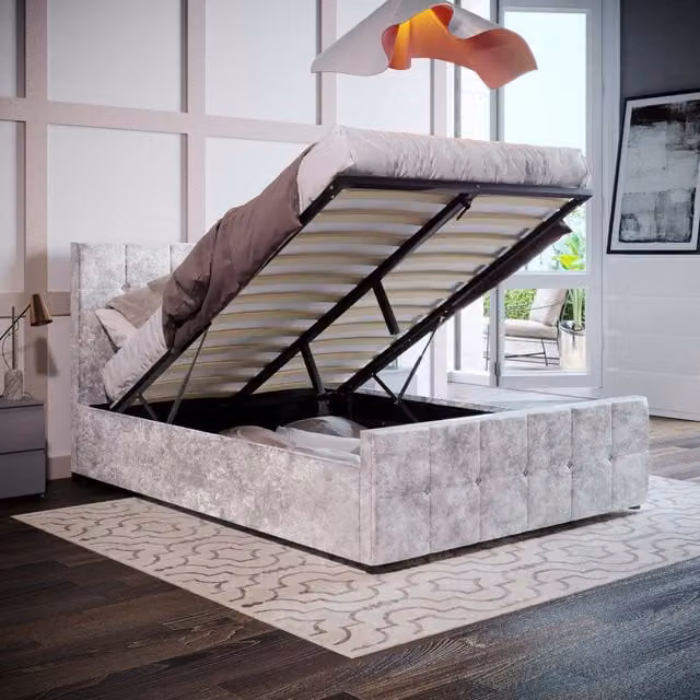 Vida Designs Valentina Modern Upholstered Ottoman Bed in Silver Grey Velvet, W/D/H: 140 x 200 cm