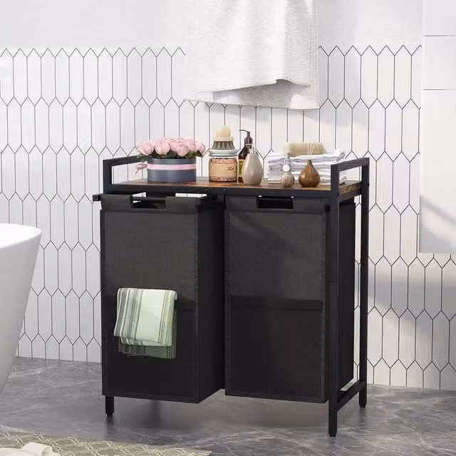 Huhote Metal Frame 2 Compartment Laundry Sorter Basket with Removable Oxford Bags in Black