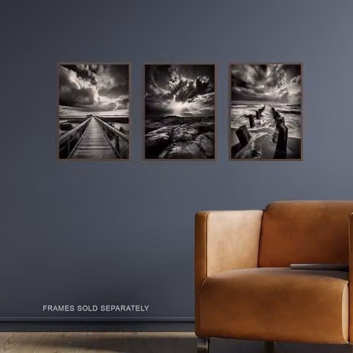 Artery8 Set of 3 Atmospheric Clouds and Coastal Landscape Paper Poster Prints in Black, White and Blue, W: 21.0 cm, H: 29.7 cm – 2