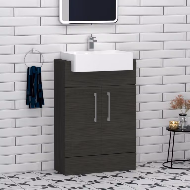 Royal Bathrooms Elena 600mm Charcoal Oak Floor Standing Vanity Unit with 2 Door Cabinet and Semi Recessed Basin
