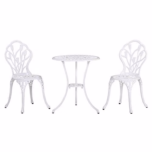 Outsunny 3 Piece Retro Aluminium Garden Bistro Set with Umbrella Hole in White – 1