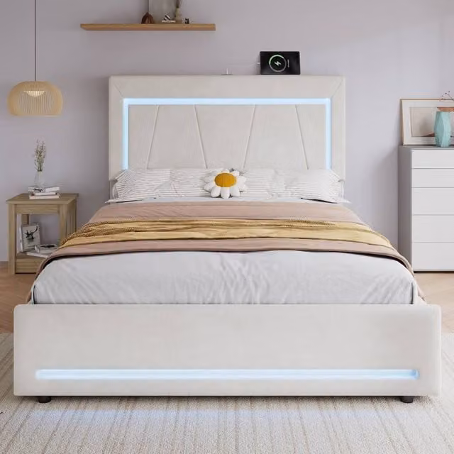Merax Beige Velvet Double Storage Bed with LED Under-Bed Lighting and 4 Drawers, W: 135 cm, D: 190 cm, H: 107 cm – 1