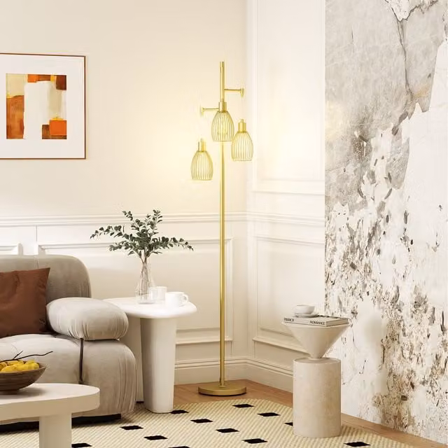 HOMCOM Modern Dimmable 3-Light Floor Lamp in Gold and Black