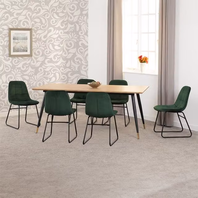Seconique Modern Rectangular Wood Dining Set with Seven Green Velvet Chairs