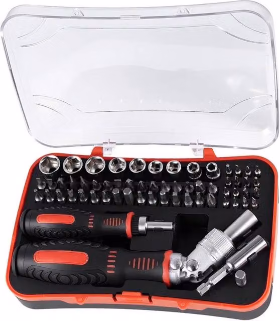 VOGREX 61-piece Chrome Vanadium Screwdriver Bit Socket Set with 1/4 inch Hex Torx and Right-Angle Bits in Multicolour