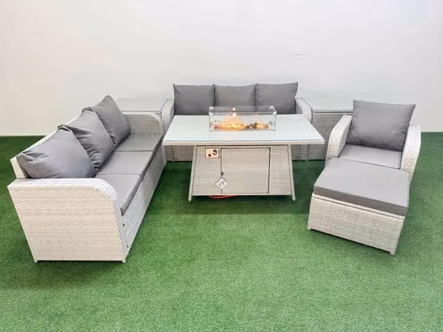 Fimous 8 Seater Poly Rattan Outdoor Garden Furniture Set in Grey with Firepit Dining Table, 3 Seater Sofa, Reclining Chairs and Big Footstool
