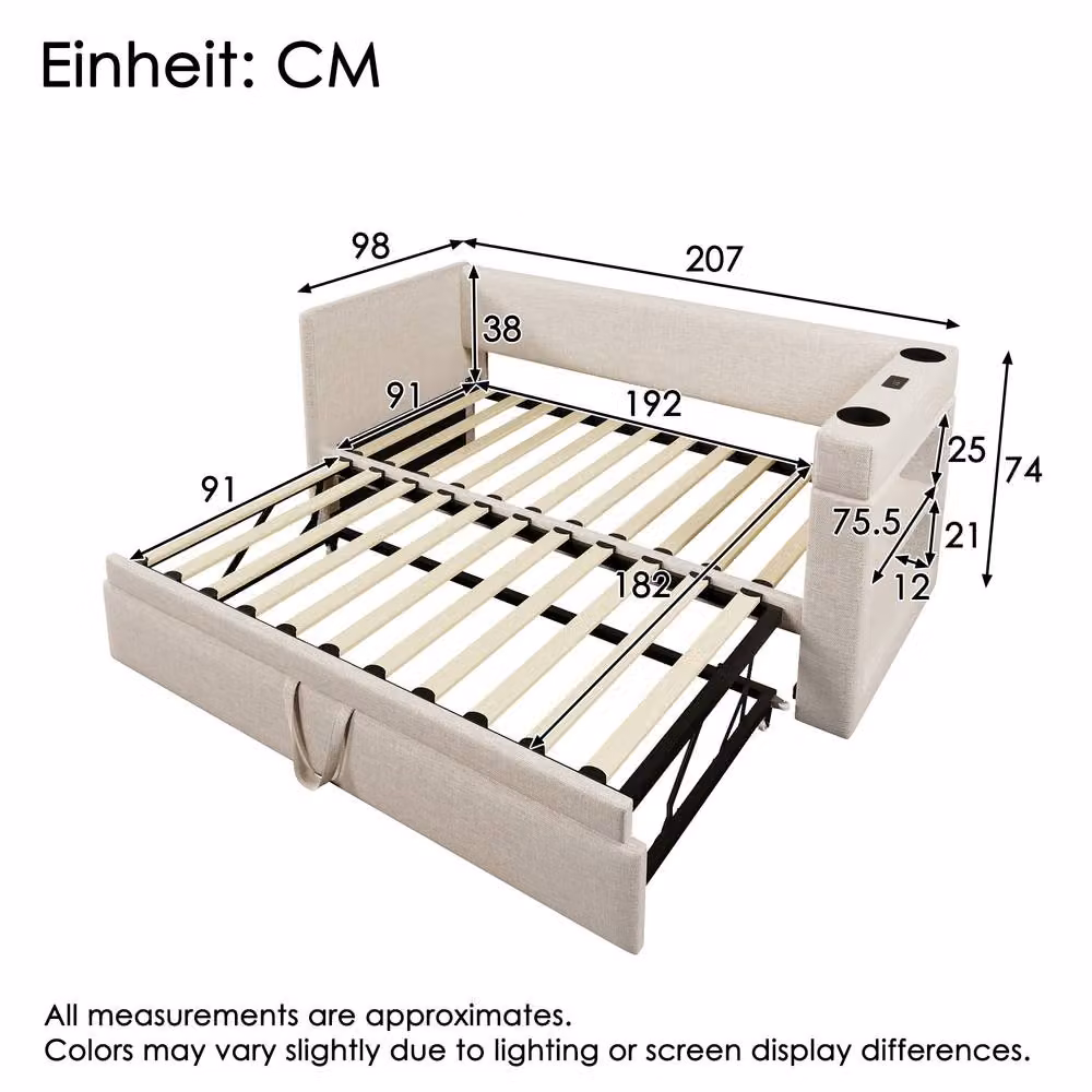 ModernLuxe Upholstered Single Daybed Sofa Bed with Storage and Pull-out Trundle in Beige, W/D/H: 190 x 90 x 74 cm – 2