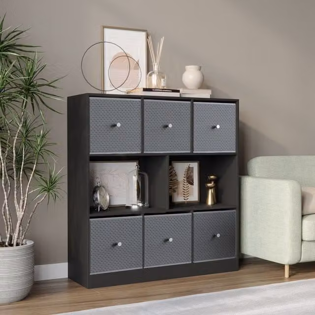 URBNLIVING 8 Cube Black Bookcase with 6 Light Grey Fabric Storage Drawers