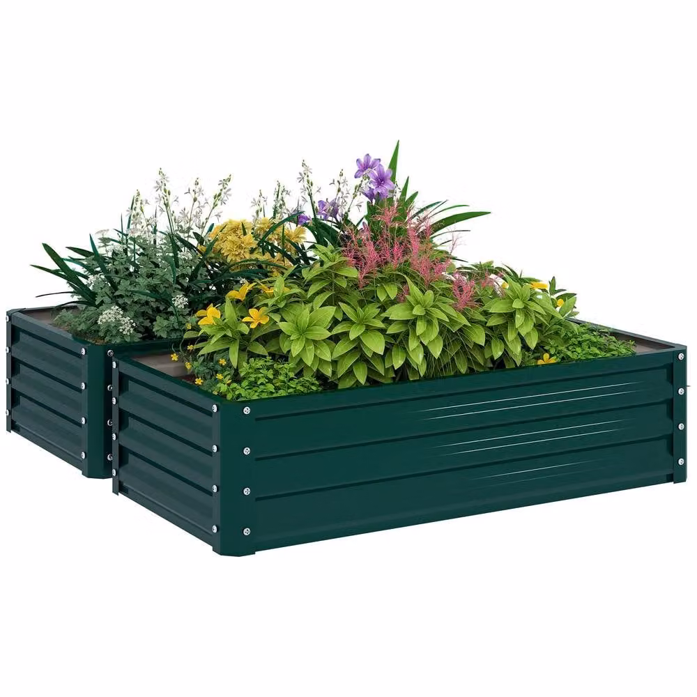 OUTSUNNY Set of 2 Green Raised Garden Bed Elevated Planter Boxes made of Galvanised Steel – 2
