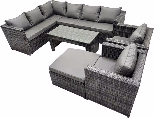 Fimous 6-Piece L-Shape Outdoor Rattan Corner Sofa Set with Glass Coffee Table and Ottoman in Dark Grey Mixed