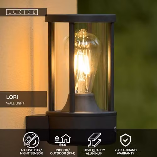Lucide Lori Modern Outdoor Wall Light with Dusk Sensor, Black or Anthracite, Diameter: 12 cm – 2