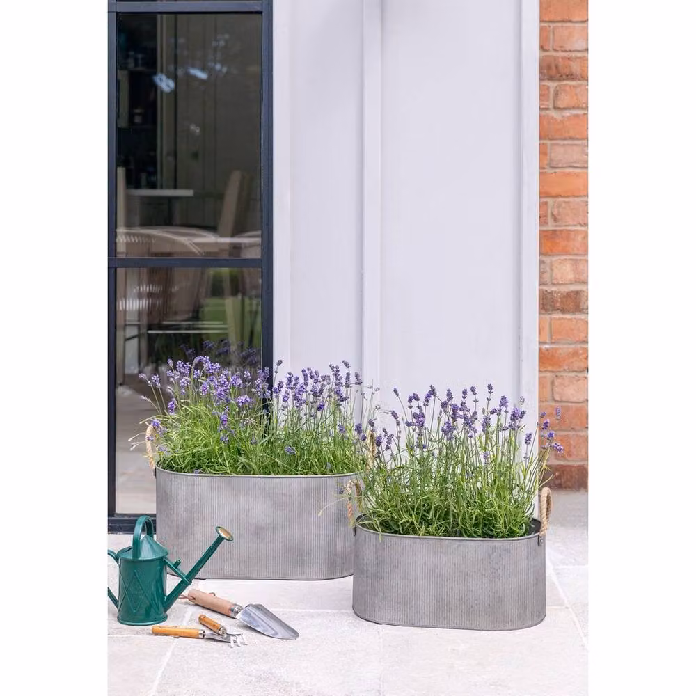 Lemon Pavilion Furniture and Decor Galvanised Steel Outdoor Rope Handle Trough Planter Set of 2 in Grey – 2
