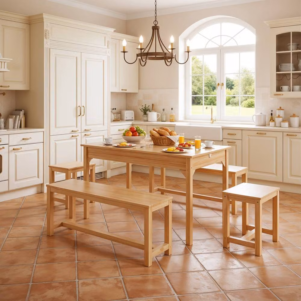 Living and Home Scandinavian Rectangular Extendable Wooden Dining Table and Bench Set in Brown and Beige