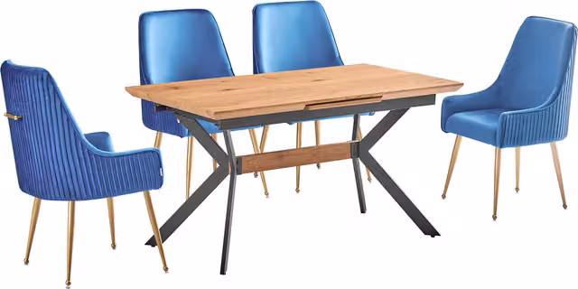 Life Interiors Soho Blaze LUX Dining Set with Rectangular Drop Leaf Table and 4 Chairs in Blue, Black and Gold