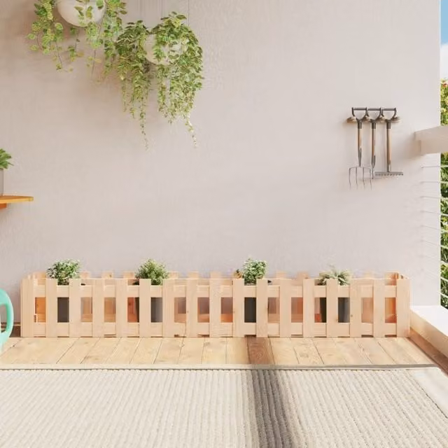 Berkfield Home Garden Raised Bed with Fence Design in Brown Solid Wood, W/D/H: 200 x 30 x 30 cm