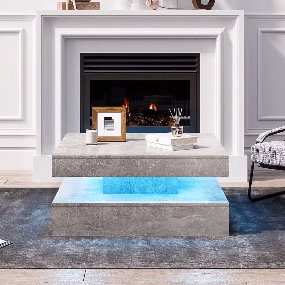 KEEPREAPER Modern Square Coffee Table with LED Light and 2-Tier Storage, Grey Marble Finish, W/D/H: 78 x 78 x 40 cm – 4
