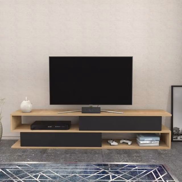 Decorotika Cortez Modern Geometric TV Unit in Anthracite and Brown Wood
