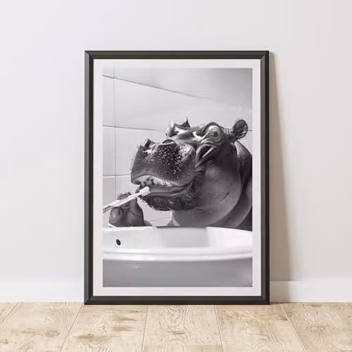 60 Second Makeover Hippo Brushing Teeth Animal Print Paper Poster, A3, Black, White and Grey