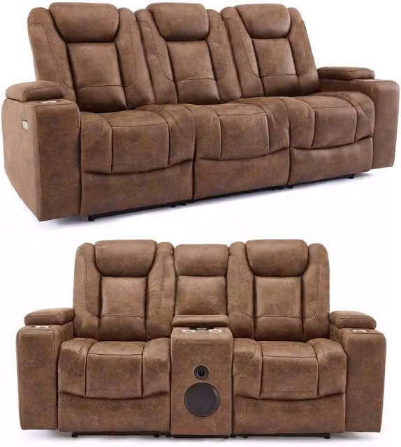 Furnishings For Less UK Juniper Brown Electric Recliner 3 + 2 Sofa Suite with USB Charging, Cup Holders and LED Lighting
