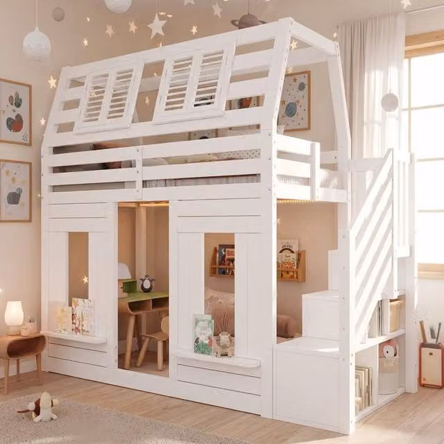 STILVORA Modern White Bunk Bed with Storage Stairs and Under-Bed LED Lighting, W/D/H: 90 x 190 cm – 1