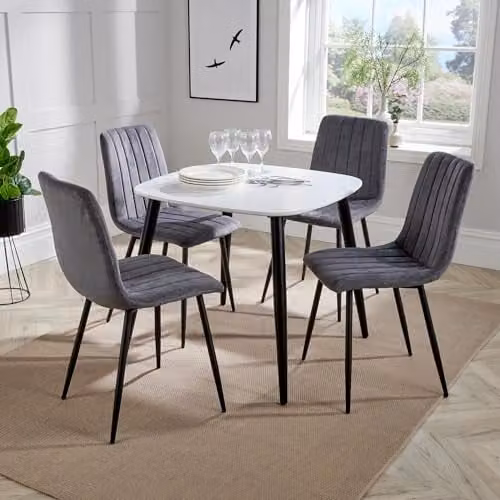 Core Products Aspen Casual Dining Set with Square White Wood Table and Four Grey Upholstered Fabric Chairs with Black Metal Legs