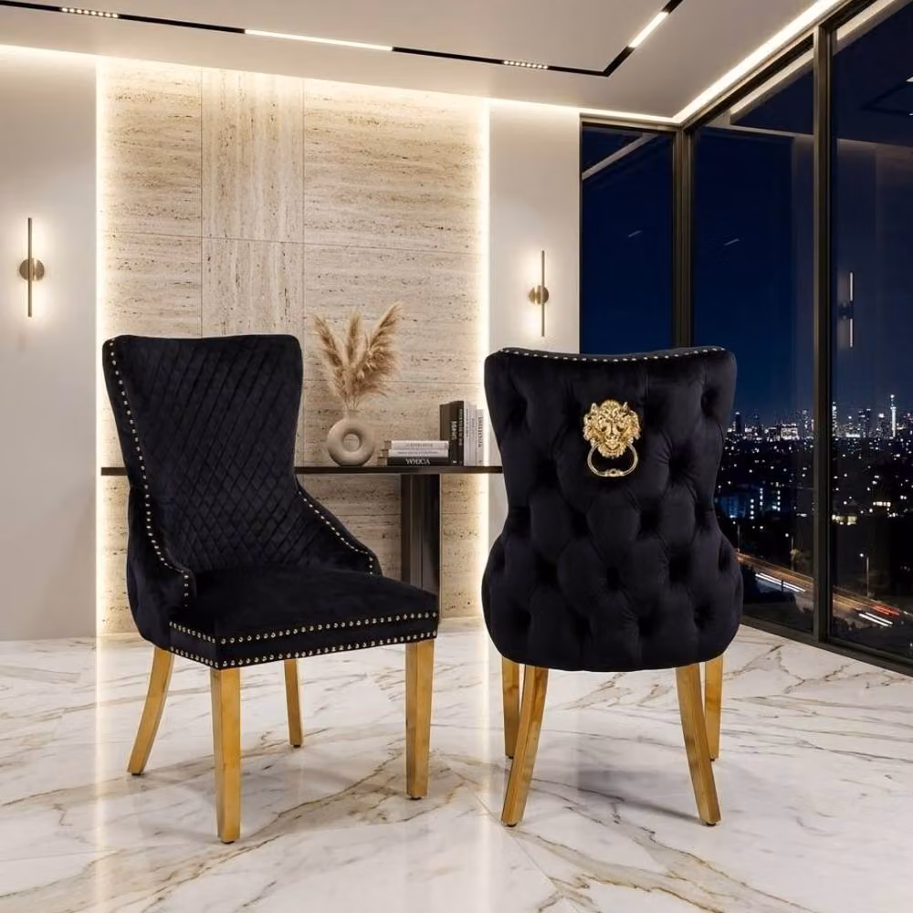 Home Luxe Interior Set of 2 Black Victoria Velvet Dining Chairs with Gold Metal Legs – 4