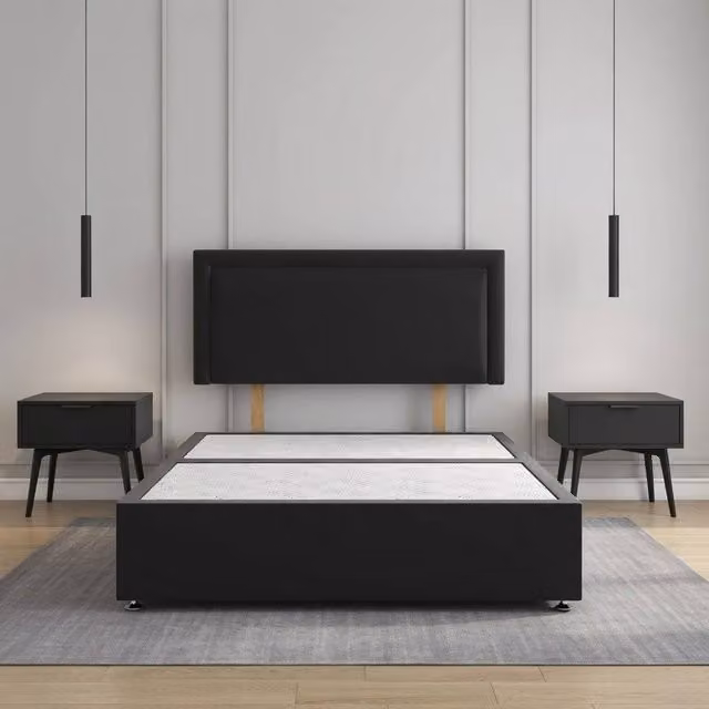 Regional Furnishings Luxury Single Divan Bed Base with 24 inch Headboard in Black Plush Velvet, W/D/H: 90 x 200 x 30.48 cm