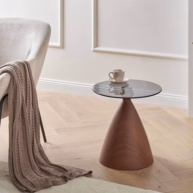 Wyld and Coco Small Side Table with Brown Wood Effect Top and Black Iron Cone Base – 1