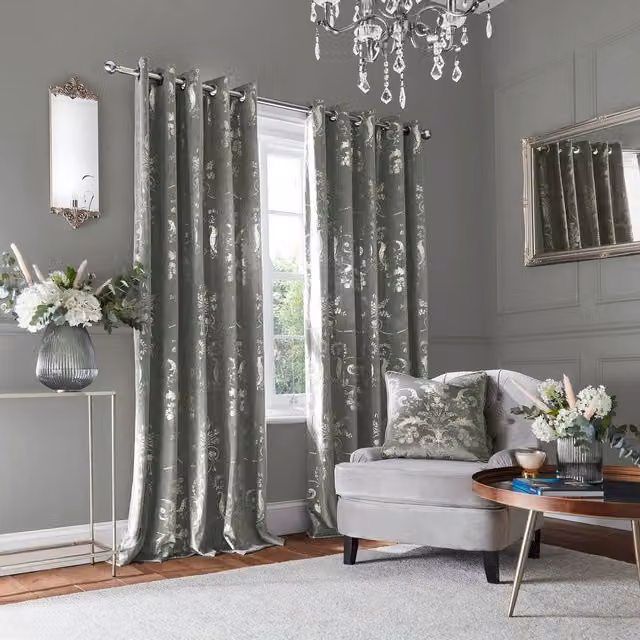 Laura Ashley Josette Metallic Eyelet Curtains in Silver Grey Velvet