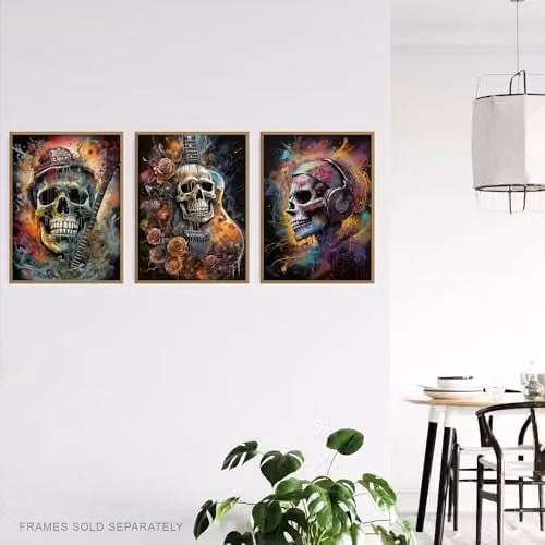 Artery8 Set of 3 Death Metal Music Skull and Guitar Horror Wall Art Prints, Multicolour, W: 21.0 cm, H: 29.7 cm – 3