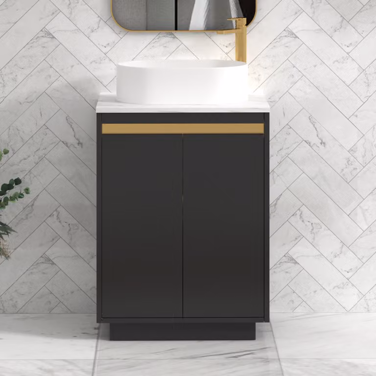 Royal Bathrooms Orion 600mm Matt Obsidian Black Floor Standing 2 Door Vanity Unit with Peak Basin and Brushed Brass Accent Trim
