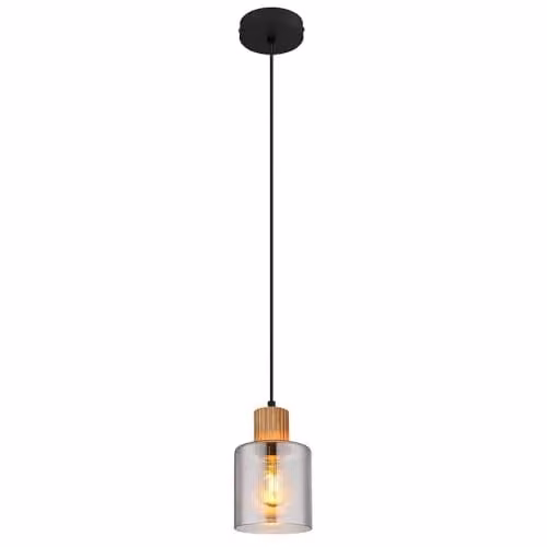 Netlighting Aleidis Industrial Pendant Light with Smoky Glass Shade and Wood and Metal Details, Black and Brown, Height: 120 cm