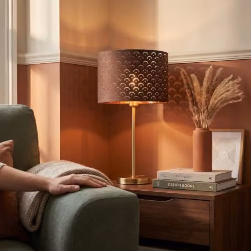 Happy Homewares Brown Cotton Fabric Cylinder Lamp Shade with Copper Interior and Geometric Arch Pattern, H 30.0 cm x W 20.0 cm x D 20.0 cm – 4