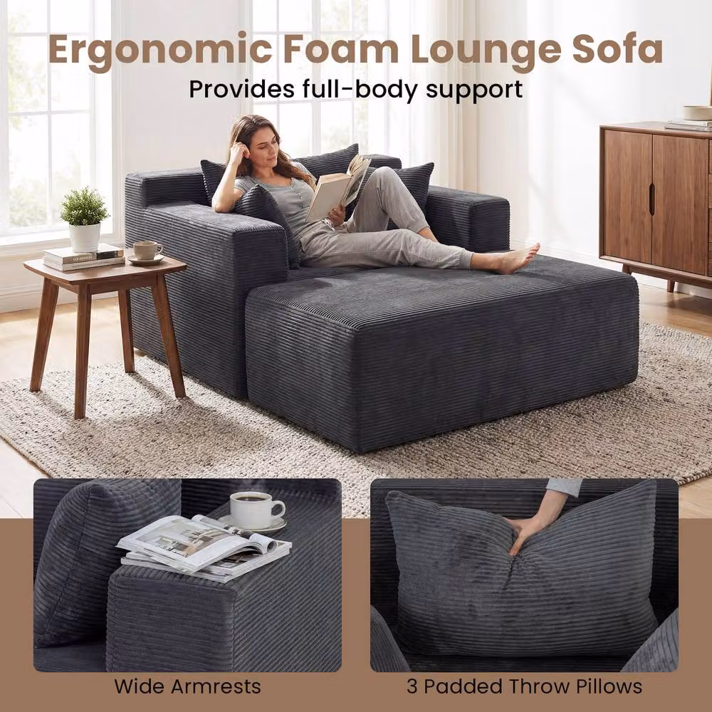 Gymax Grey Boneless Floor Lounge Chair Single Foam Sofa with Ottoman and Pillows – 8