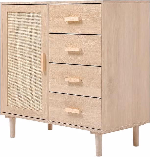 Minimalist Pine Wood and Rattan Freestanding Side Cabinet with Drawers in Brown and Beige