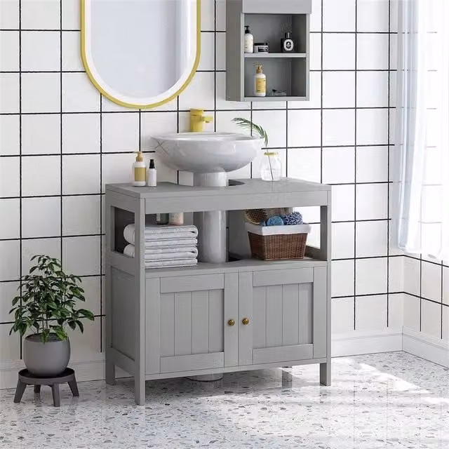 EONLION Grey Matt Freestanding Bathroom Pedestal Under Sink Cabinet with Hinged Doors and Internal Shelves