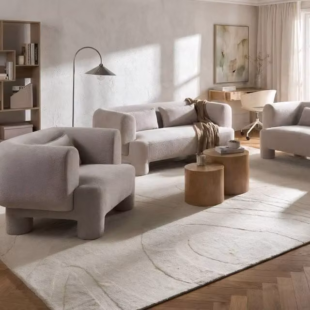 Wyld and Coco Beige Fabric Curved 3-Seater Sofa with Armrests and Scatter Cushions