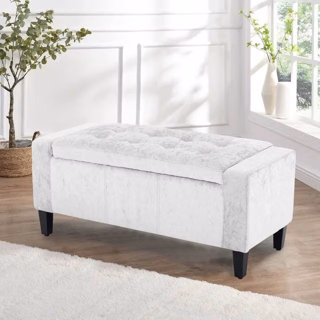 Home Republic White Crushed Velvet Ottoman Storage Bench – 1
