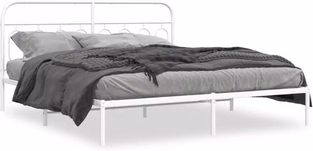 Berkfield Home Metal Bed Frame with Headboard, White, W: 183 cm, D: 213 cm