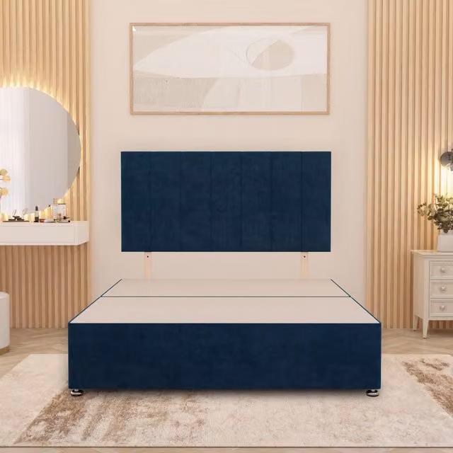 Somnior Beds Ltd Austin Divan Bed Base with 32 inch Headboard in Blue Plush Velvet with Storage Drawers W/D/H: 200 x 183 x 34.5 cm