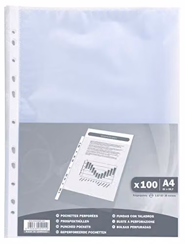 Exacompta Pack of 100 Transparent Embossed Polypropylene Punched Pockets for A4 Documents