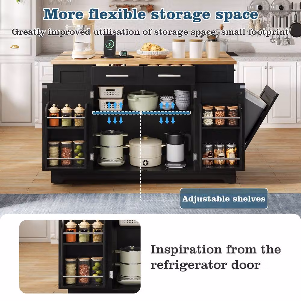 Merax Mobile Kitchen Island Trolley with Pull-Out Bin Cabinet and Drop-Leaf Top in Black – 5
