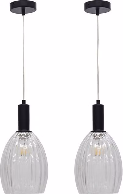 First Choice Lighting Birch Set of 2 Art Deco Pendant Lights with Transparent Fluted Glass and Black Metal Finish – 1