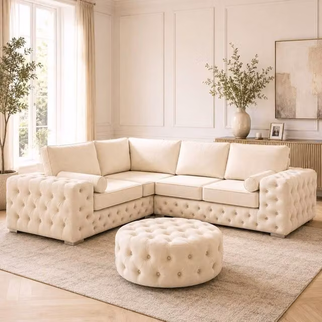 Stratus Interiors Ashley Chesterfield Full Back L-Shape Corner Sofa in Beige Plush Velvet Fabric