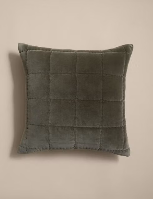 M&S Pure Cotton Velvet Quilted Square Cushion in Khaki