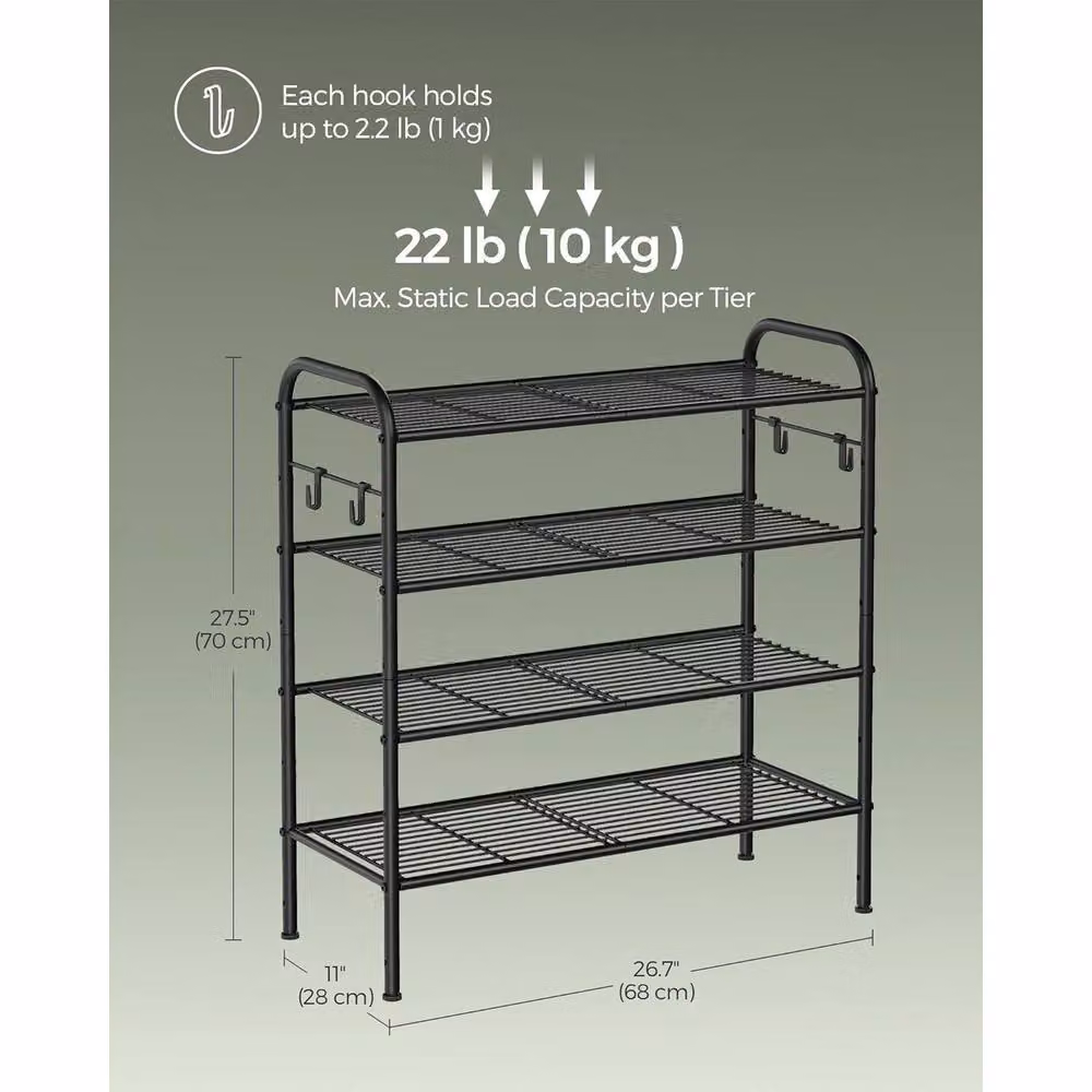 The Bazaarist 4 Tier Adjustable Metal Shoe Rack with Hooks in Matt Black – 3