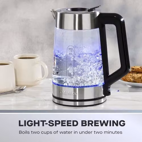 Daewoo Glass Kettle with Blue LED Illumination, 1.7 l, 3000 W Rapid Boil with Auto Shut-off, Transparent – 4