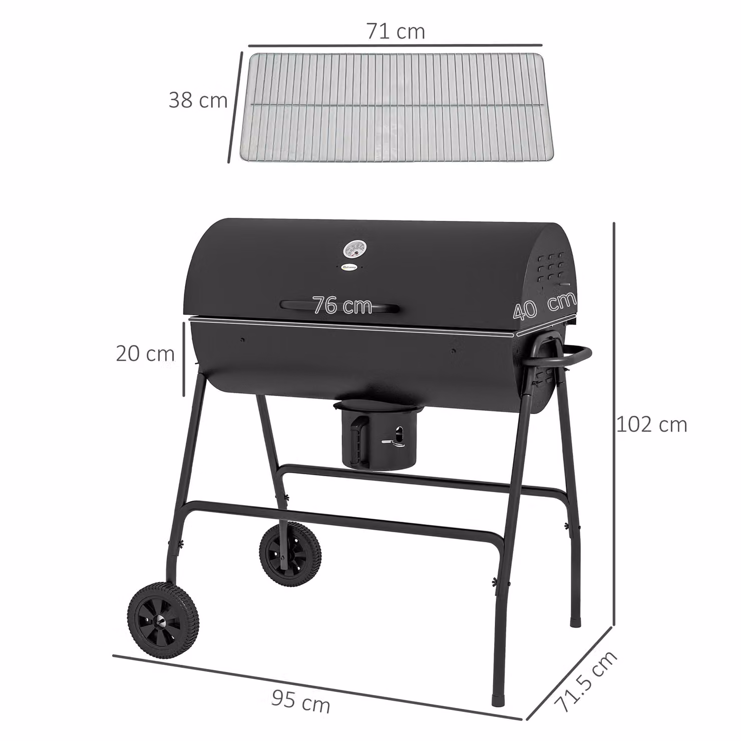 Outsunny Black Steel Barrel Charcoal Barbecue Grill Trolley with Warming Rack, Thermometer and Wheels, W/D/H: 95 x 50 x 102 cm – 3