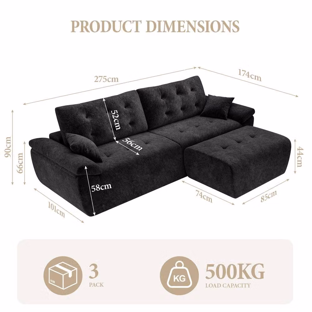 Dprodo 4 Seater L Shaped Chenille Sofa in Black, Reversible Modular Sectional with Matching Ottoman and Scatter Cushions, Width: 275 cm – 2
