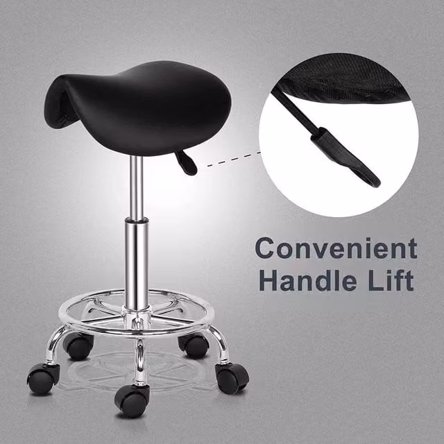 EONLION Black Synthetic Leather Saddle Salon Stool with Castors for Beauty, Massage and Hairdressing – 1